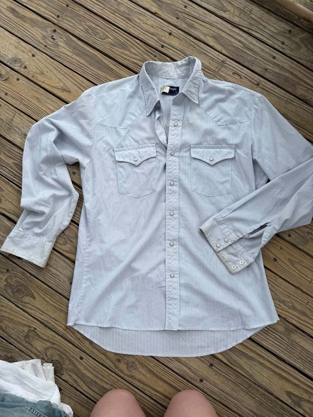Vintage Wrangler Western Snap Shirt Size L Light Blue Striped
